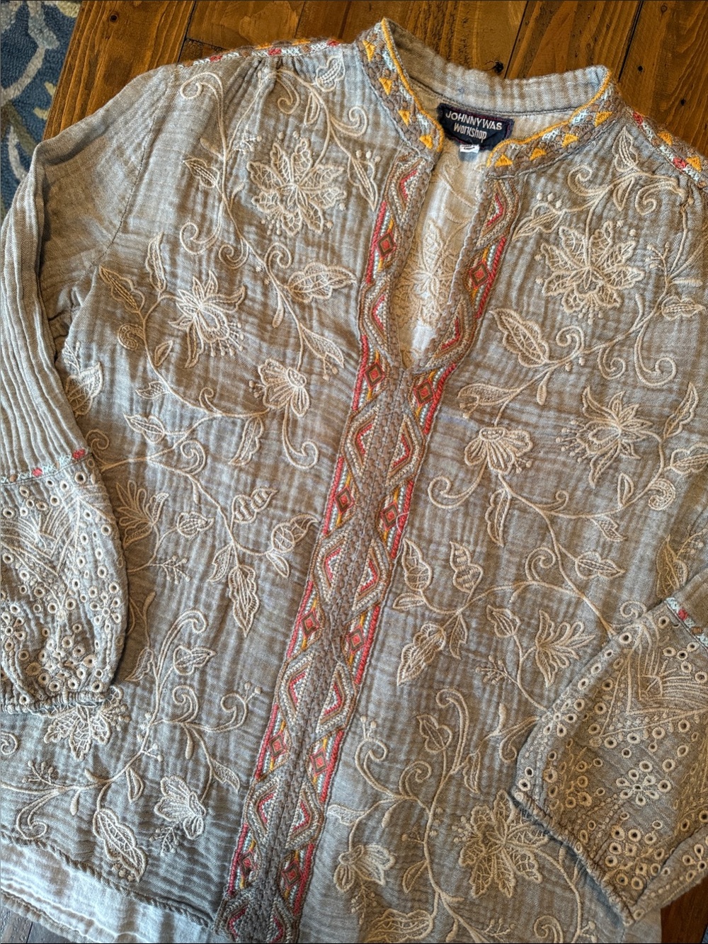 Johnny Was Embroidered Tunic with Cream and Pink Trim